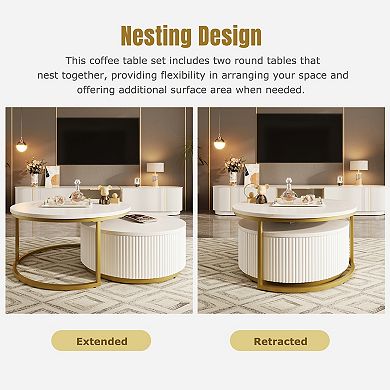 Merax Modern Round Nesting Coffee Table Fluted with Drawer