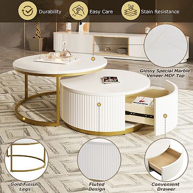Merax Modern Round Nesting Coffee Table Fluted with Drawer