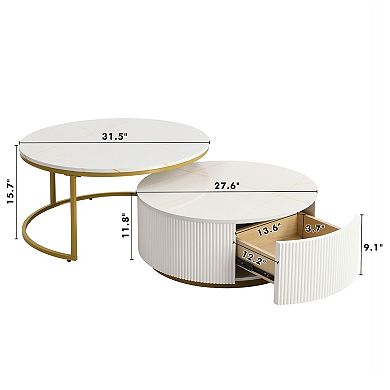 Merax Modern Round Nesting Coffee Table Fluted with Drawer