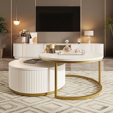 Merax Modern Round Nesting Coffee Table Fluted with Drawer
