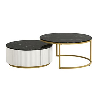 Merax Modern Round Nesting Coffee Table Fluted with Drawer