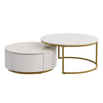 Merax Modern Round Nesting Coffee Table Fluted with Drawer