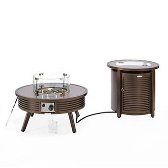 Leisuremod Walbrooke Patio Round Fire Pit And Tank Holder With Slats Design