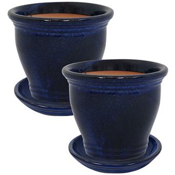 Sunnydaze 11” Round Studio Planters with Saucers - Imperial Blue