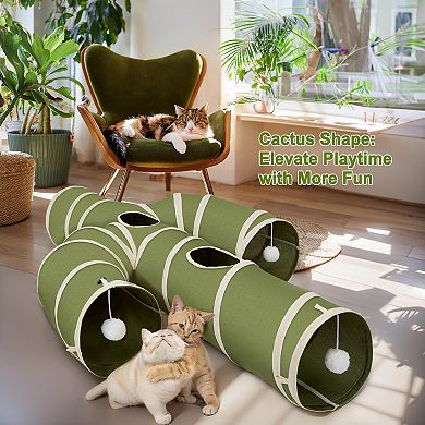 Collapsible Cat Tunnel Cactus-Shaped With Interactive Wand Toy