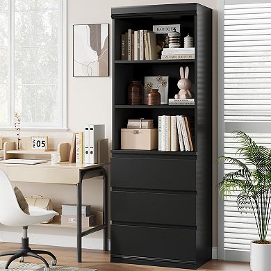 70.27" Tall Bookcase with Drawers, Wooden Farmhouse Bookshelf and Storage Cabinet Organizer