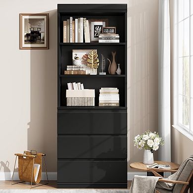 70.27" Tall Bookcase with Drawers, Wooden Farmhouse Bookshelf and Storage Cabinet Organizer