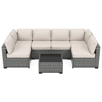 7 pc Patio Furniture Set, Outdoor Rattan Sectional Sofa with Cushions & Glass Table