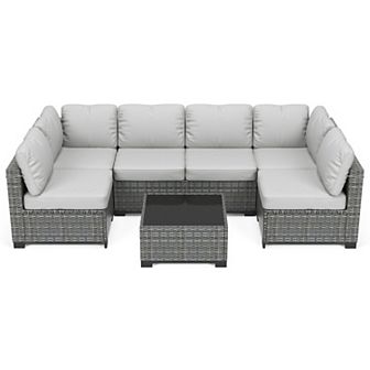 7 pc Patio Furniture Set, Outdoor Rattan Sectional Sofa with Cushions & Glass Table