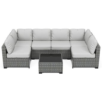 7 pc Patio Furniture Set, Outdoor Rattan Sectional Sofa with Cushions & Glass Table