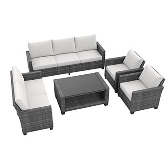7-Seat Outdoor Sectional Furniture Set, PE Wicker Rattan Couch with Cushions & Glass Table