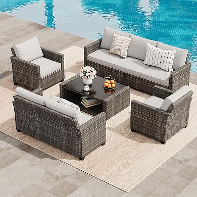 7-Seat Outdoor Sectional Furniture Set, PE Wicker Rattan Couch with Cushions & Glass Table