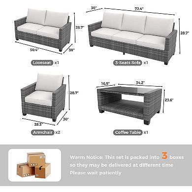 7-Seat Outdoor Sectional Furniture Set, PE Wicker Rattan Couch with Cushions & Glass Table