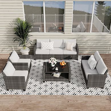 7-Seat Outdoor Sectional Furniture Set, PE Wicker Rattan Couch with Cushions & Glass Table