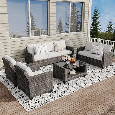 7-Seat Outdoor Sectional Furniture Set, PE Wicker Rattan Couch with Cushions & Glass Table