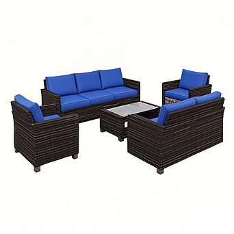 5 pc Outdoor Patio Furniture Set, 7-Seat PE Rattan Sectional Sofa with Storage Table & Cushions
