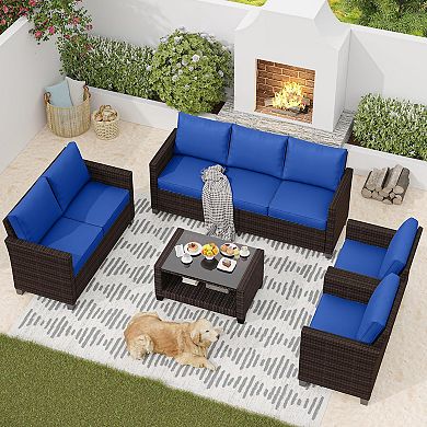 5-Pieces Outdoor Patio Furniture Set, 7-Seat PE Rattan Sectional Sofa with Storage Table & Cushions