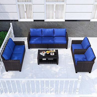 5-Pieces Outdoor Patio Furniture Set, 7-Seat PE Rattan Sectional Sofa with Storage Table & Cushions