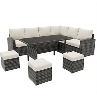 7 pc Outdoor Patio Furniture Set, Dining Sectional Sofa with Table, Chairs & Cushions