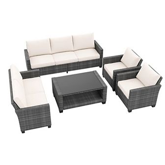 5 pc Outdoor Patio Furniture Set, 7-Seat PE Rattan Sectional Sofa with Storage Table & Cushions