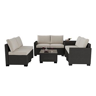 8 pc Outdoor Patio Furniture Set, 6-Seat Rattan Conversation Set with Glass Table & Storage Box