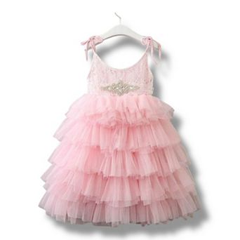 Baby Toddler Girls Pink Tulle Flower Girl Dress with Gem Belt