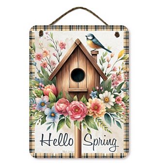 COURTSIDE MARKET Birdhouse Floral Hello Spring Sign Wall Decor