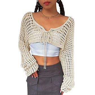 Women's Long Sleeve Cropped Cardigan Sweaters Spring Fashion Tie Front Bolero Short Knit Shrugs