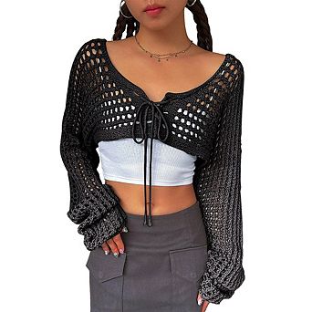 Women's Long Sleeve Cropped Cardigan Sweaters Spring Fashion Tie Front Bolero Short Knit Shrugs