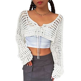 Women's Long Sleeve Cropped Cardigan Sweaters Spring Fashion Tie Front Bolero Short Knit Shrugs