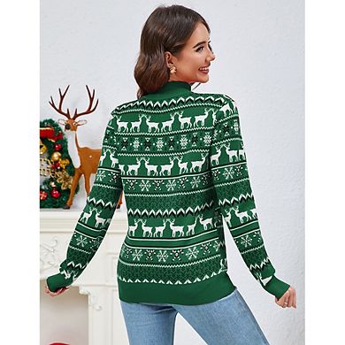 Women's Ugly Christmas Sweater Mock Turtleneck Quarter Zip Pullover Long Sleeve Knit Pullover Tops