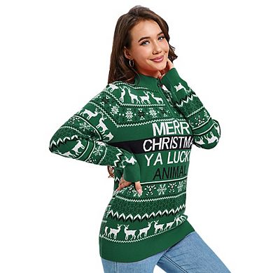 Women's Ugly Christmas Sweater Mock Turtleneck Quarter Zip Pullover Long Sleeve Knit Pullover Tops