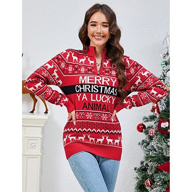 Women's Ugly Christmas Sweater Mock Turtleneck Quarter Zip Pullover Long Sleeve Knit Pullover Tops