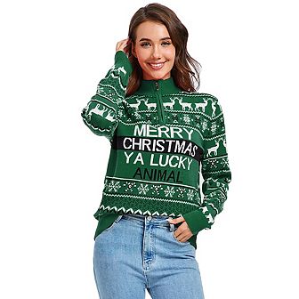 Women's Ugly Christmas Sweater Mock Turtleneck Quarter Zip Pullover Long Sleeve Knit Pullover Tops