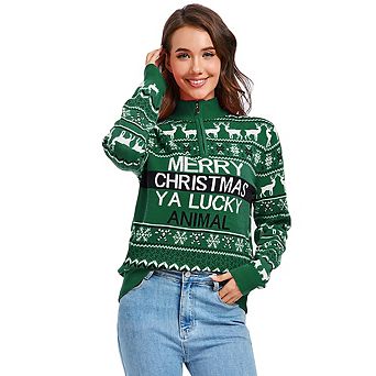 Women's Ugly Christmas Sweater Mock Turtleneck Quarter Zip Pullover Long Sleeve Knit Pullover Tops