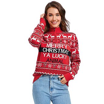 Women's Ugly Christmas Sweater Mock Turtleneck Quarter Zip Pullover Long Sleeve Knit Pullover Tops