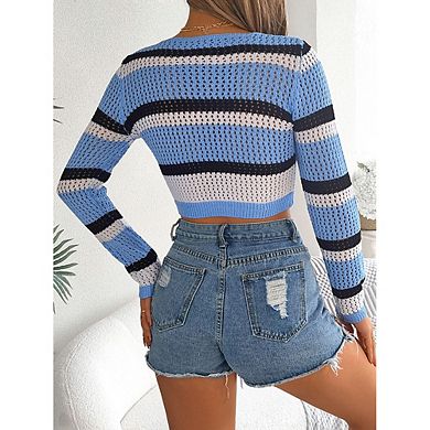 Women's Summer Striped Hollow Out Tie Front Long Sleeve Knitted Crop Cardigan Shrug Sweaters