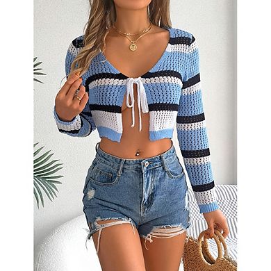 Women's Summer Striped Hollow Out Tie Front Long Sleeve Knitted Crop Cardigan Shrug Sweaters