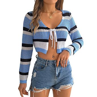 Women's Summer Striped Hollow Out Tie Front Long Sleeve Knitted Crop Cardigan Shrug Sweaters