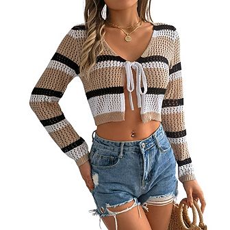 Women's Summer Striped Hollow Out Tie Front Long Sleeve Knitted Crop Cardigan Shrug Sweaters