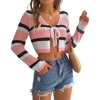 Women's Summer Striped Hollow Out Tie Front Long Sleeve Knitted Crop Cardigan Shrug Sweaters