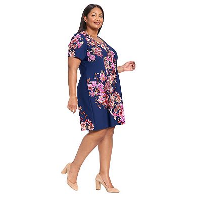 Plus Size London Times Square Neck Short Sleeve Fit and Flare Dress