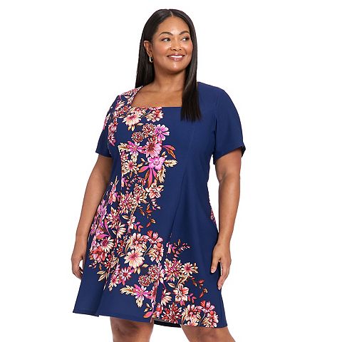 Женские платья London Plus Size London Times Square Neck Short Sleeve Fit and Flare Dress