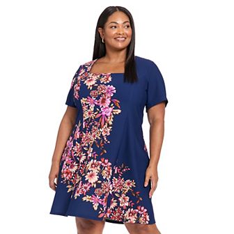 Plus Size London Times Square Neck Short Sleeve Fit and Flare Dress