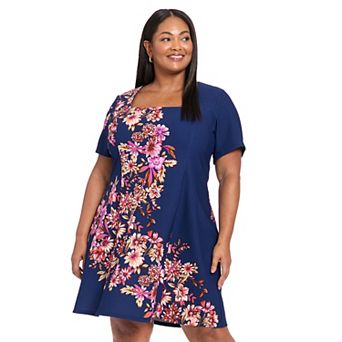 Plus Size London Times Square Neck Short Sleeve Fit and Flare Dress