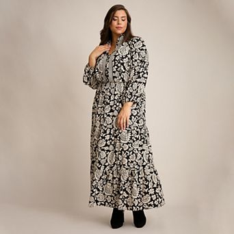 Plus Size London Times Ruffle Neck Smocked Waist Tiered Maxi Dress