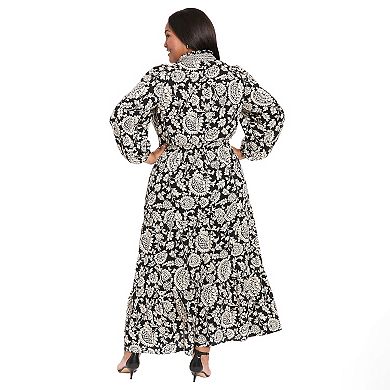 Plus Size London Times Ruffle Neck Smocked Waist Tiered Maxi Dress