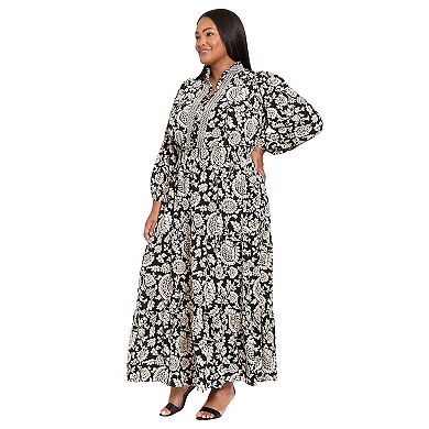 Plus Size London Times Ruffle Neck Smocked Waist Tiered Maxi Dress