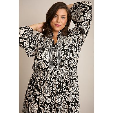 Plus Size London Times Ruffle Neck Smocked Waist Tiered Maxi Dress