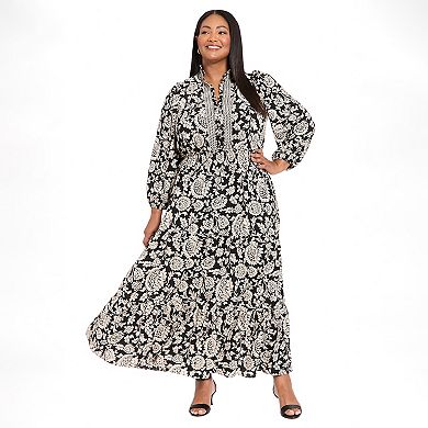 Plus Size London Times Ruffle Neck Smocked Waist Tiered Maxi Dress